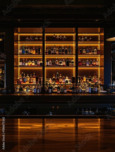 A blurred image of a counter bar with stacked bottles in front of it, and a wooden table in the background, dimly lit room, glassware scattered, empty wooden table