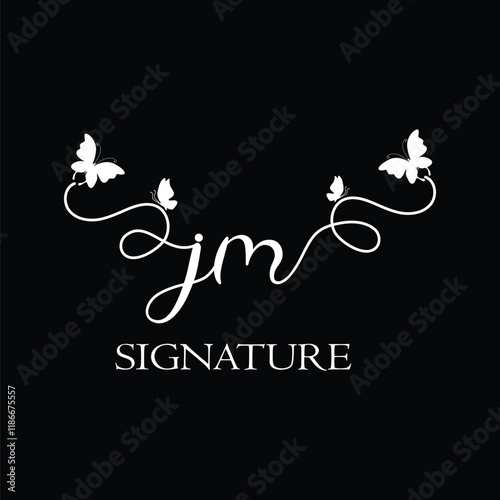 JM Handwritten initial letter, JM simple signature vector logo with butterfly shape variation, beauty, photography letter logo design. J M photo