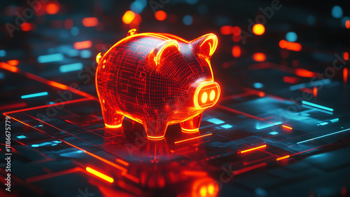 Digital Piggy Bank Neon Savings Fintech Wireframe Financial Technology Abstract Concept