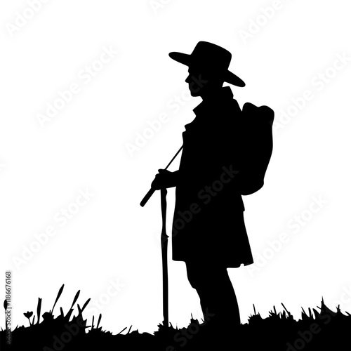 Silhouette of a Hiker with Walking Stick and Backpack