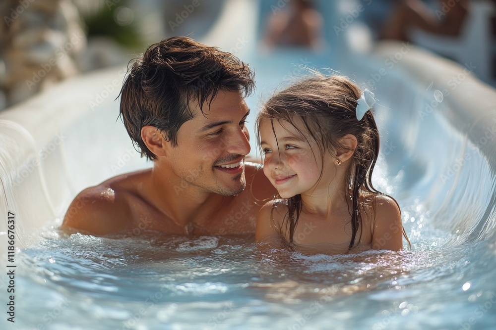 A man and a young girl playing together in a pool on a sunny day A man and a young girl playing together in a pool on a sunny day