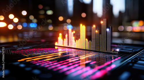 Futuristic cityscape with vibrant data visualization  showcasing colorful graphs and digital elements  representing technology and innovation in urban environments