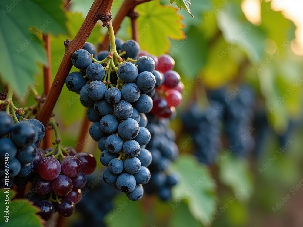 Grapes hanging on vine during sunset in a vineyard showcasing rich colors and textures Grapes hanging on vine during sunset in a vineyard showcasing rich colors and textures