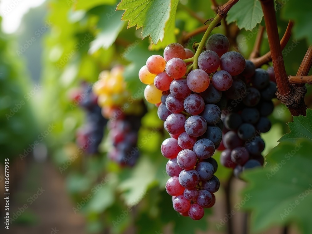 Freshly harvested grapes grow in a vineyard during the summer season Freshly harvested grapes grow in a vineyard during the summer season