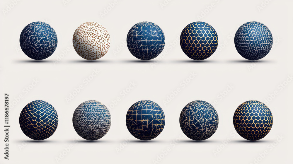 Geometric spheres with various patterns and textures in blue and white. These creative designs showcase mix of modern and artistic styles, perfect for digital art or graphic design projects Geometric spheres with various patterns and textures in blue and white. These creative designs showcase mix of modern and artistic styles, perfect for digital art or graphic design projects