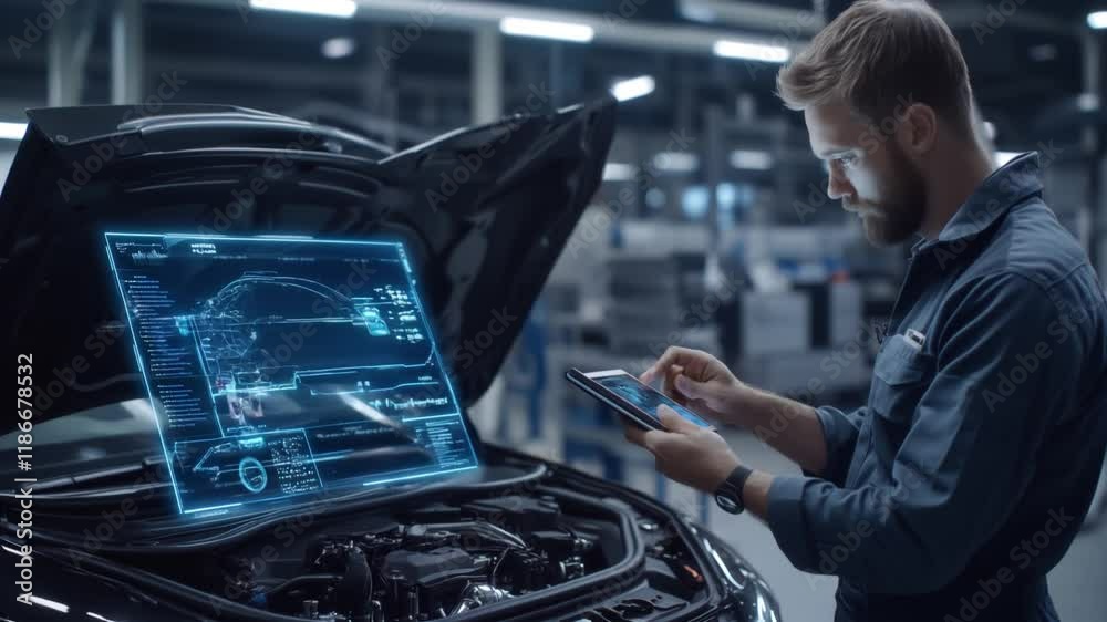 horizontal video where mechanic using tablet makes car diagnostics. car breakdown repair
