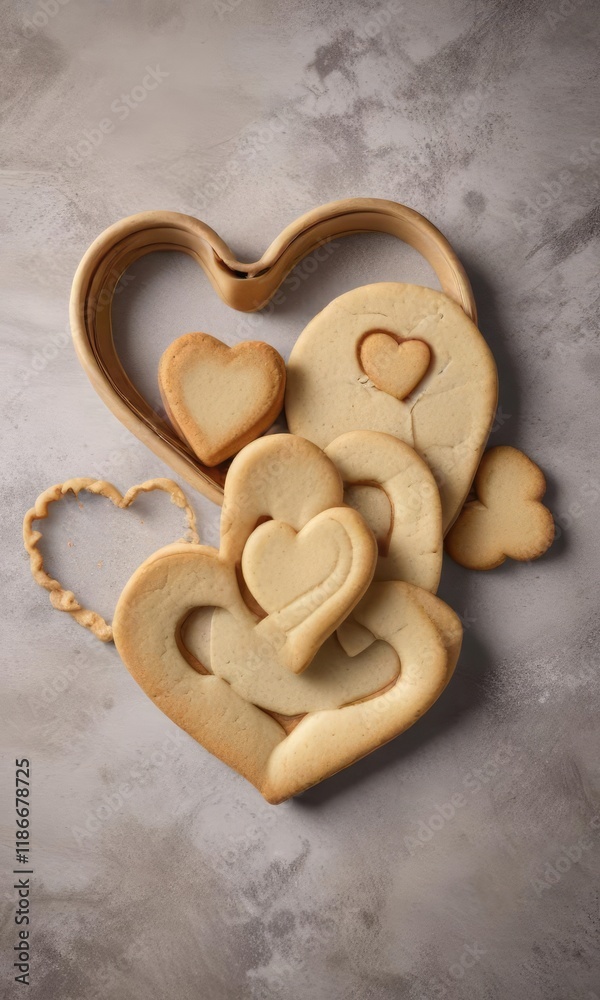 Obraz premium A heart-shaped cookie cutter with sugar cookies in the shape of hearts and other love-themed shapes, , heart shaped cookie cutter, heart shaped treats