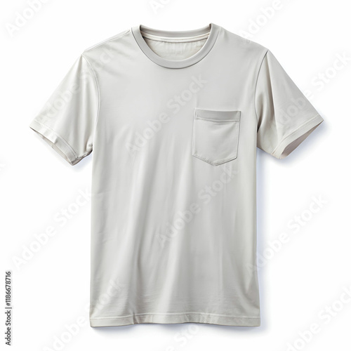 A plain t-shirt with a pocket design, laid flat on a surface