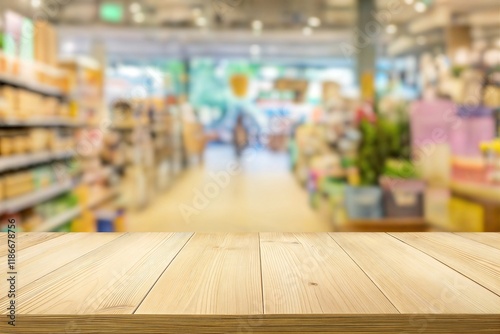 Wooden Tabletop with Blurred Supermarket Background for Product Display Mockups