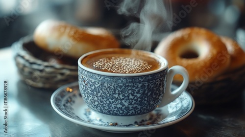 Steaming coffee in ornate cup with bagels.