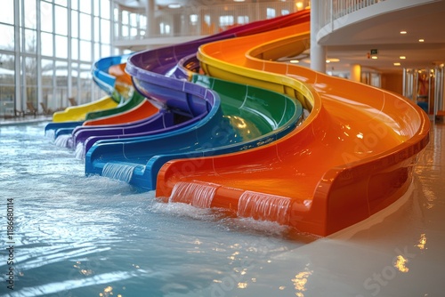 Colorful waterslide in an indoor swimming pool, great for summer fun and recreation photo