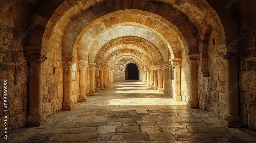Sunlit Stone Archway in Historic Building with Columns. Sunlit Stone Archway in Historic Building with Columns.