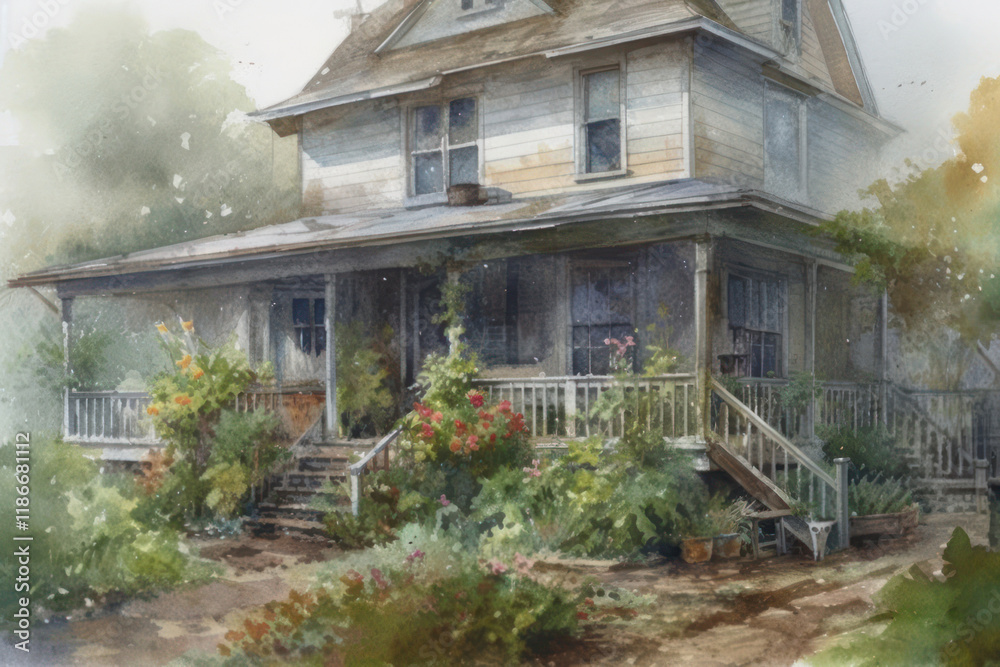 Digital painting of an old wooden house in the countryside. Watercolor painting. Digital painting of an old wooden house in the countryside. Watercolor painting.