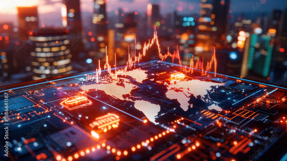 Obraz premium dynamic visualization of global economic trends with digital map, showcasing data analytics and financial growth in vibrant cityscape