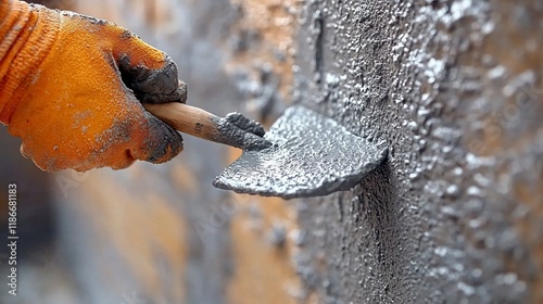 Gloved hand applying grey textured plaster to wall