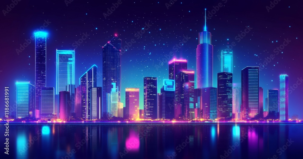 Vibrant futuristic city skyline illuminated by colorful lights at night Vibrant futuristic city skyline illuminated by colorful lights at night