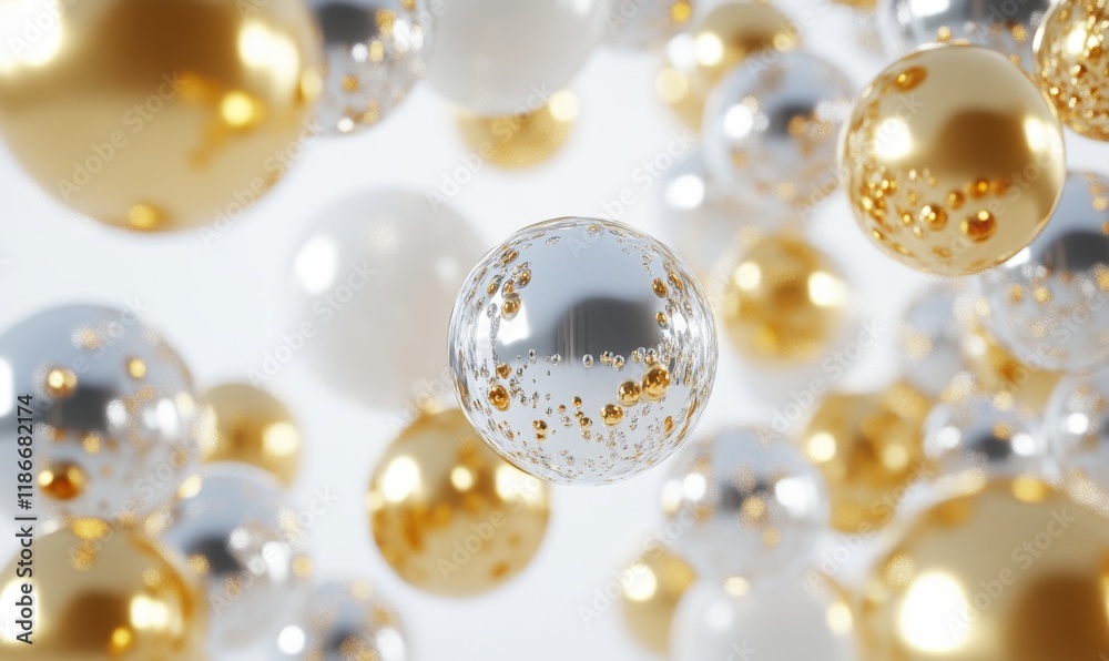 Naklejka premium Bubbles of gold and silver floating against a bright background create a festive atmosphere and artistic composition