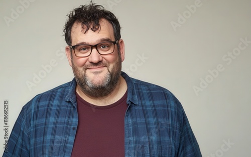 Wallpaper Mural A jolly, overweight man wearing a blue plaid shirt over a burgundy T-shirt, sporting short dark hair and a light beard, glasses perched on his nose, standing against a light gray background with soft Torontodigital.ca