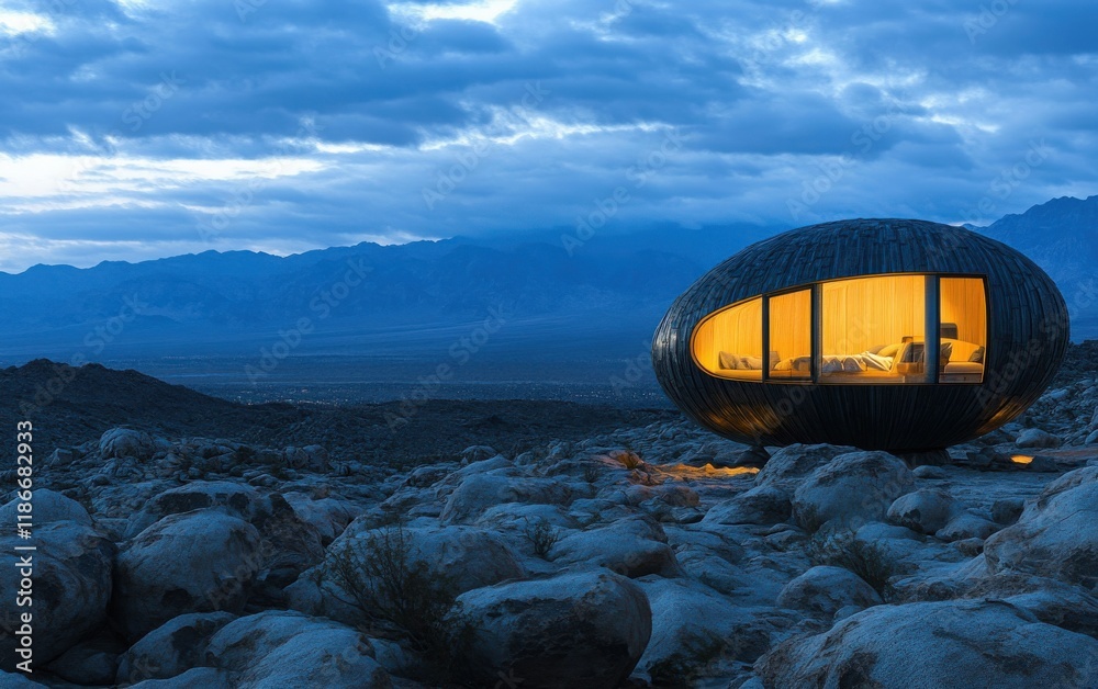 Obraz premium A modern, egg-shaped tiny home on a flat, rocky landscape at dusk, captured in a photorealistic architectural photograph.