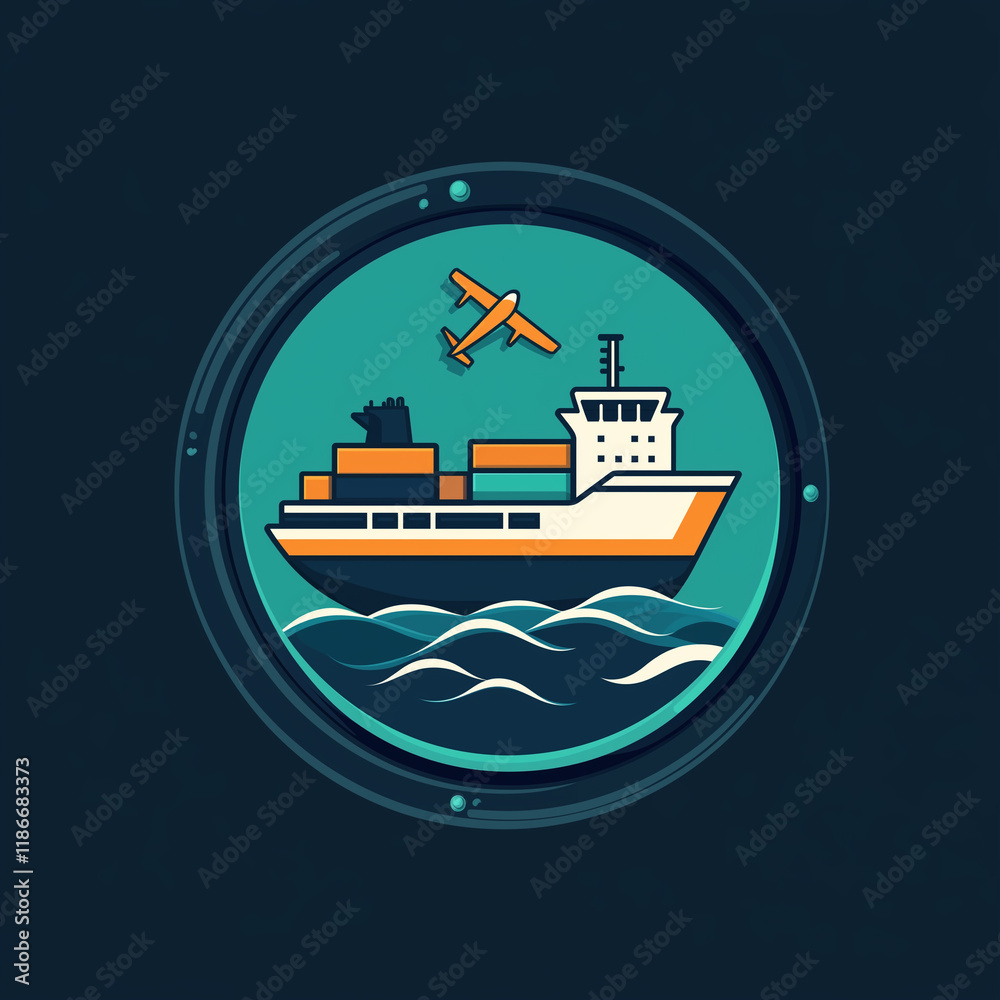 Obraz premium A clean, graphic design logo showcasing a cargo ship, plane, and truck viewed through a vibrant, tri-colored porthole