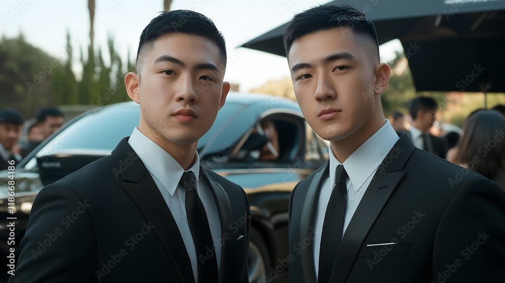 elegant twin brothers in black suits with bow ties, confidently posing together at a summer wedding celebration, showcasing sophisticated style and modern fashion in an urban setting. elegant twin brothers in black suits with bow ties, confidently posing together at a summer wedding celebration, showcasing sophisticated style and modern fashion in an urban setting.