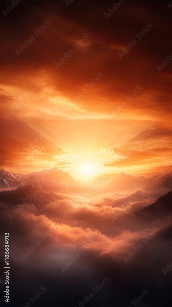 Obraz premium Fiery sunset over mountains and clouds, creating serene view