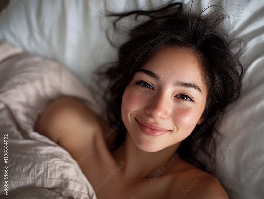 Smiling woman enjoying a relaxed morning in cozy bed surrounded by soft blankets and natural light Smiling woman enjoying a relaxed morning in cozy bed surrounded by soft blankets and natural light