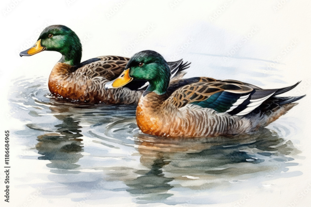Ducks in water watercolor illustration, watercolor style, Generative AI