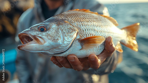 Close-up of freshly caught fish held in hands against the sea background photo