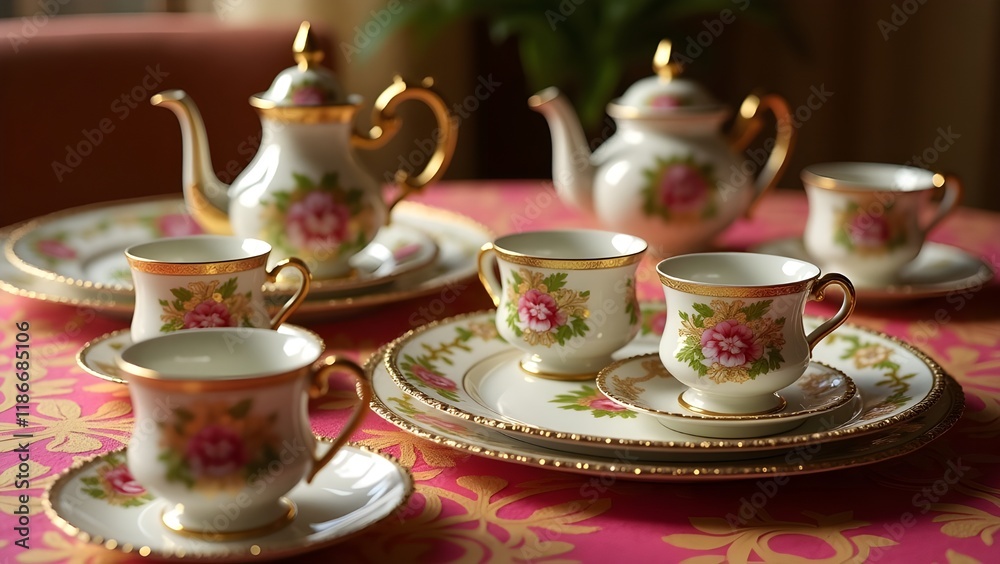 Fototapeta premium A traditional tea set arranged on an intricately patterned tablecloth