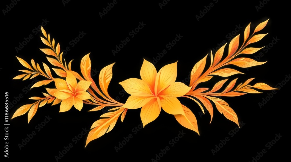 Obraz premium Vibrant Botanical Elements with Detailed Florals on a Dark Background