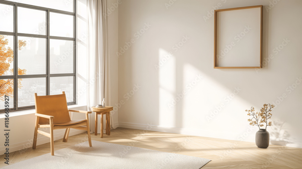 Fototapeta premium Cozy living room with sunlight streaming through large windows showcasing minimalist decor