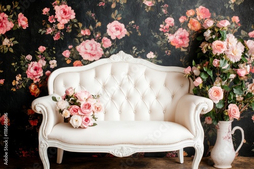 A reupholstered antique settee with luxurious brocade fabric, placed in a tastefully decorated room