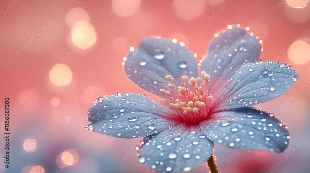 Fototapeta premium Close-up of a Delicate Blue Flower with Dew Drops, Soft Pink Center, Bokeh Background