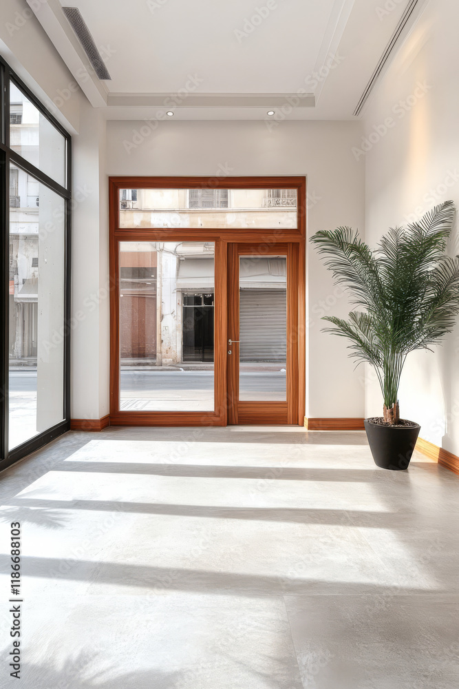 Bright and spacious interior with large windows and a potted plant in a modern setting Bright and spacious interior with large windows and a potted plant in a modern setting