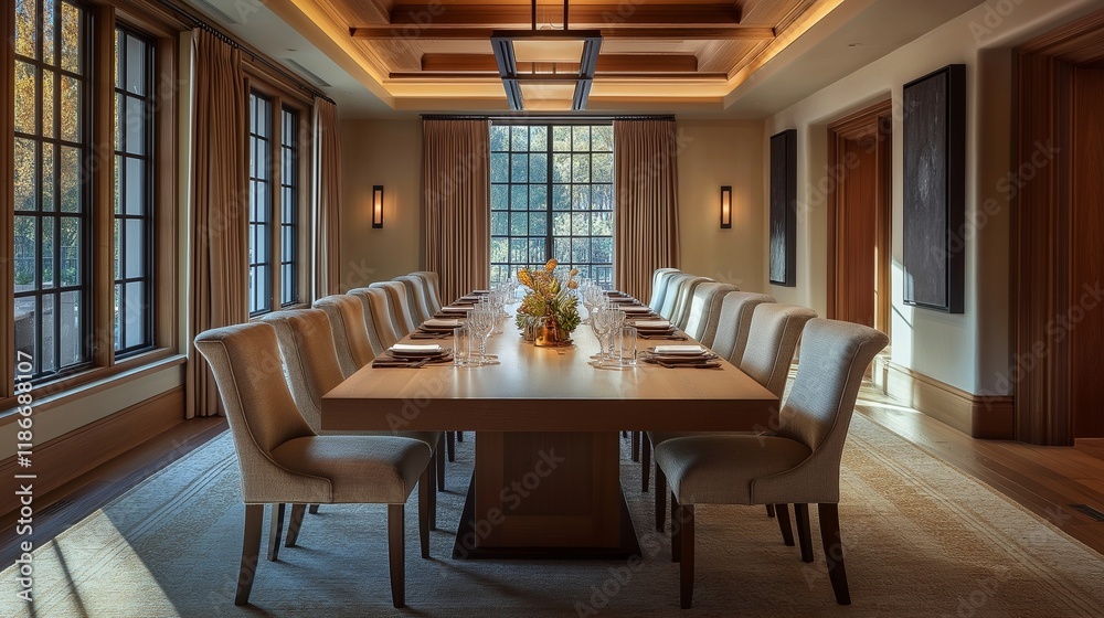Obraz premium Elegant dining room with long wooden table and upholstered chairs.