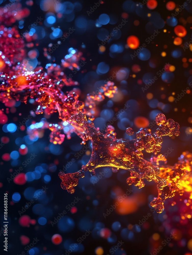 Antibodies engaging and neutralizing a virus in a colorful microscopic environment during a biological response. Generative AI Antibodies engaging and neutralizing a virus in a colorful microscopic environment during a biological response. Generative AI