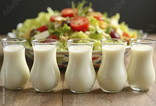 Row of five small glass cups filled with creamy milk in front of colorful salad bowl with fresh vegetables in blurred background photo