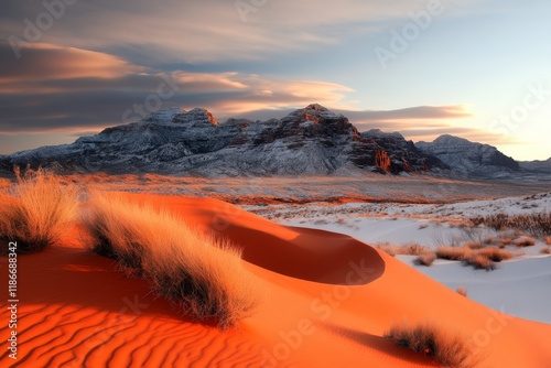 A serene view of Snow Canyon State Park, with red sand dunes and rocky formations contrasting the bright sky photo