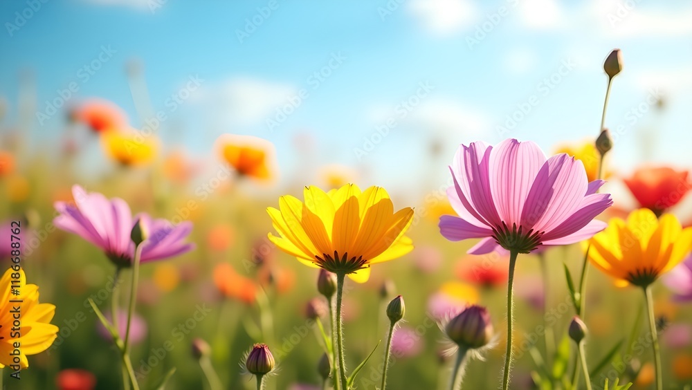 A vibrant field of wildflowers swaying gently under the breeze A vibrant field of wildflowers swaying gently under the breeze