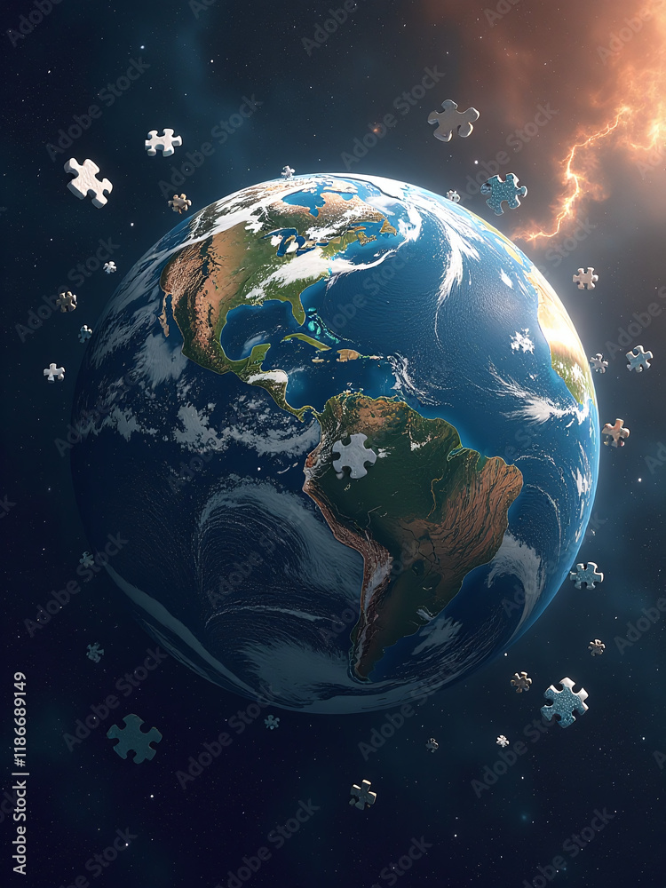Fototapeta premium Earth Made Of A Giant Jigsaw Puzzle Explodes In Space, Resulting In Multiple Pieces Breaking Off And Floating Freely. 00003