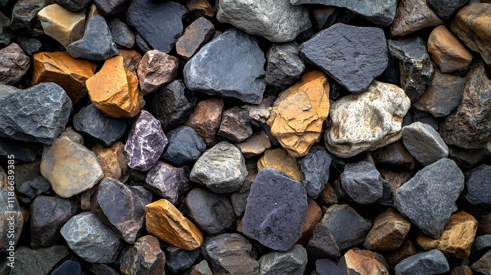 Mixed-color gravel path combines gray, brown, and purple stones, displaying natural rough textures and detailed mineral surfaces in outdoor garden pathway setting. Mixed-color gravel path combines gray, brown, and purple stones, displaying natural rough textures and detailed mineral surfaces in outdoor garden pathway setting.