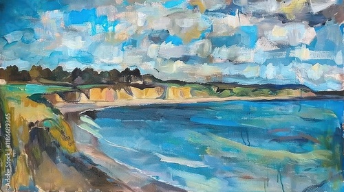Impressionistic coastal landscape painting, depicting a beach with cliffs under a vibrant sky.