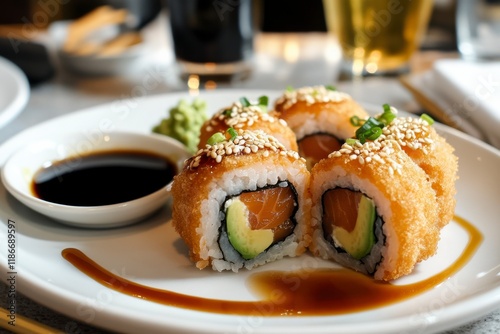 Wallpaper Mural Crispy Salmon Sushi Roll: A delectable close-up shot showcasing a beautifully plated crispy salmon sushi roll, garnished with sesame seeds and green onions, served with soy sauce and wasabi. Torontodigital.ca