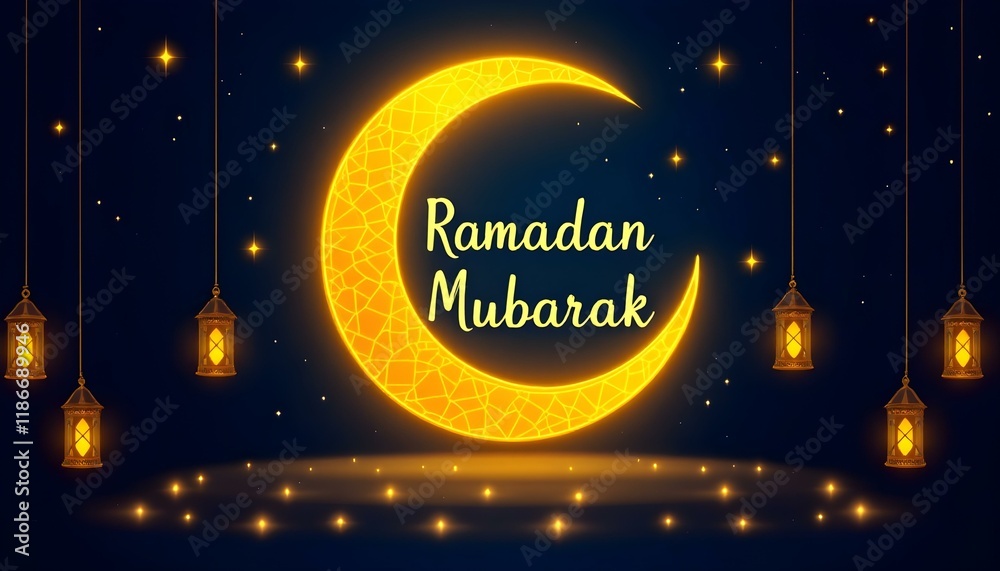 Naklejka premium Golden crescent moon, “Ramadan Mubarak,” lanterns hanging, glowing lights, dark blue background, festive Islamic theme design.