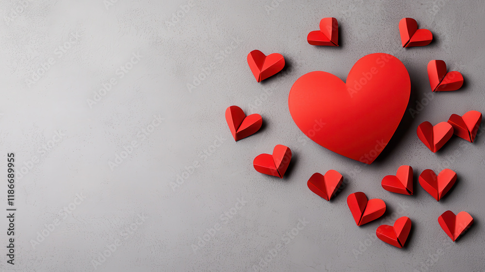 Fototapeta premium Valentine Themed, cluster of red paper hearts on gray background, symbolizing love