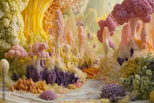 Vibrant bacteria landscape showcasing unique textures and forms with colorful highlights under soft natural lighting. Generative AI photo