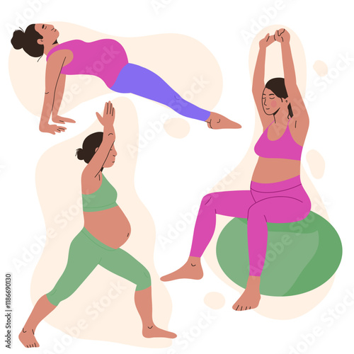 set of pregnant women doing different poses. Vector illustration
