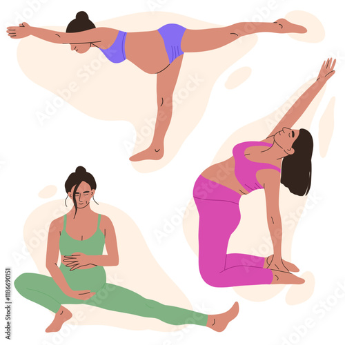 set of pregnant women doing different poses. Vector illustration
