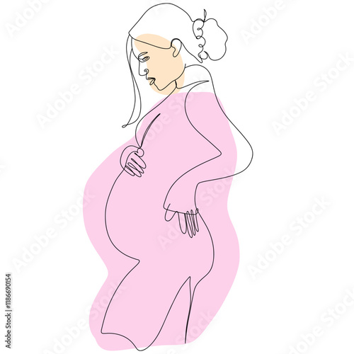 vector illustration of pregnant woman in line art style with pink ribbon and belly, hand drawing, isolated on white background, line art